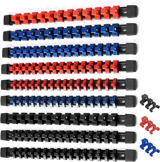 ALOANES 9PC ABS Socket Organizer, Socket Rails Fit 1/2 inch, 3/8 inch and 1/4 inch Drive, Heavy Duty Socket Holders Hold up to 129 Sockets, Black Rails with Red Blue Black Clips