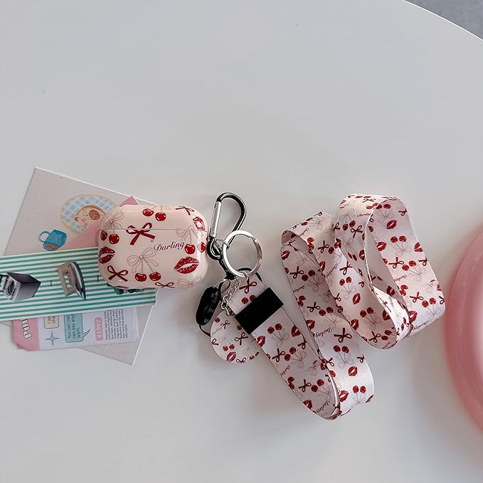 Vintage Bow Cherry Lip Design Air Pod Pro 3 Generation Case（2025） with Bow Cherry Lip Lanyard Keychain，Unique IMD Process TPU Soft Pro 3 Case