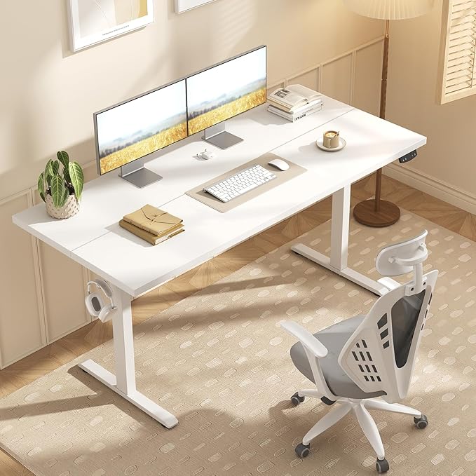 Agilestic Height Adjustable Electric Standing Desk, 55 x 24 Inches Stand Up Desk, Ergonomic Raising Computer Table with Memory Preset Button, Two-Piece Desktop, White