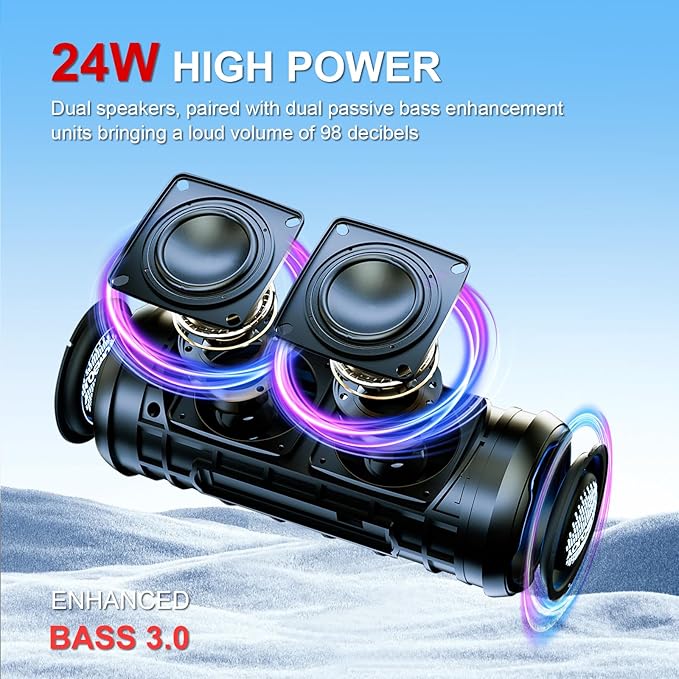 Bluetooth Bass Speaker 24W Loud Stereo Sound, Deep Bass, TWS Pairing, IPX7 Waterproof Dustproof,12H Playtime, RGB Light, Bluetooth Speakers Outdoor for Travel, Sport, Party, Biking (Teal)