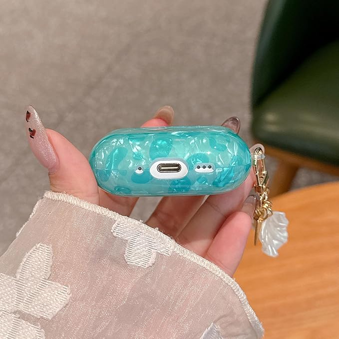 for Airpod Pro 3 Case 2025 Cute Luxury Leopard Hard TPU Protective Cover with Shell Pearl Keychain Compatible with AirPods Pro 3rd Generation for Girls Women (Turquoise Blue)