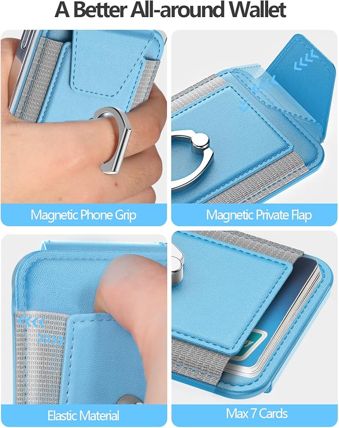 For Magsafe Wallet with Grip, 6-Card Holder, Stronger Magnetic Card Wallet Holder for iPhone 17/16/15, iPhone 14/13/12 Series, Leather Magnetic Phone Wallet with Privacy Flap, RFID Blocking, Sky Blue
