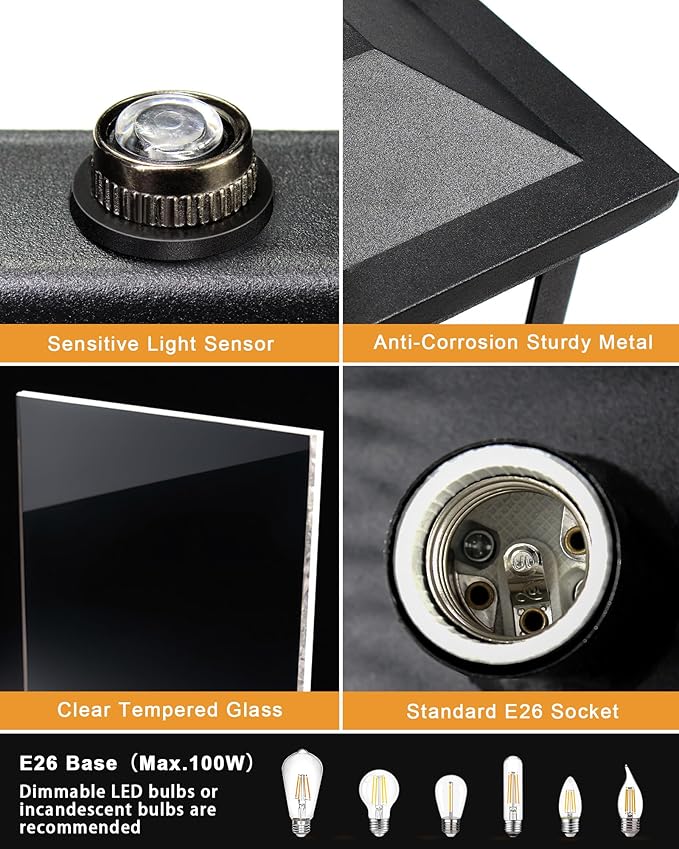 Dusk to Dawn Outdoor Lighting, Modern Black Waterproof Exterior Wall Sconce, Sensor Front Porch Lights with E26 Base for House Garage Patio Front Door, 120V