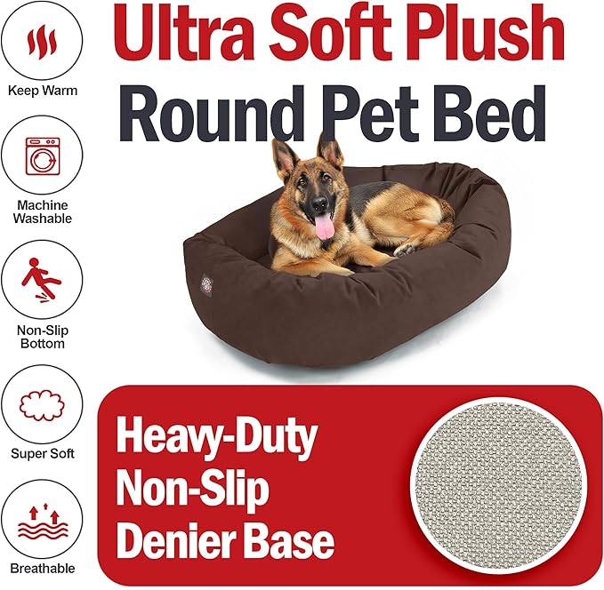 Majestic Pet 52 Inch Suede Calming Dog Bed Washable 52x35x11 (Inch) – Cozy Soft Round Donut Dog Bed with Spine Support for Dogs to Rest Their Head - Pet Bed X- Large – Chocolate (2025)