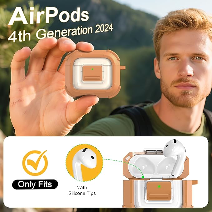 RFUNGUANGO for AirPods 4 Case, Compatible with AirPods 4th Generation Case (2024), Compatible with MagSafe, Magnetic Automatic Lock with Cleaner Kit and Keychain, Front LED Visible, Brown