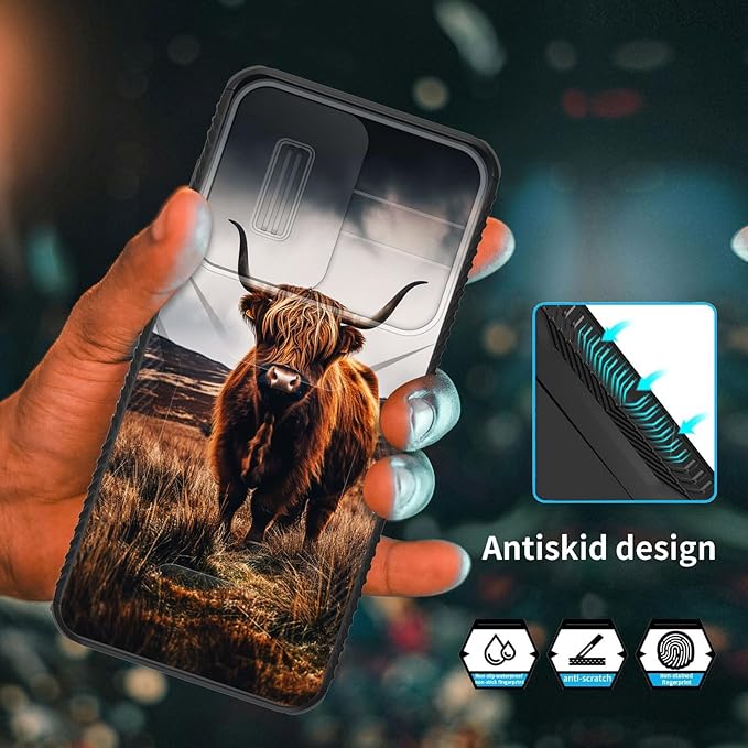for Galaxy A17 5G Case Built in Slide Camera Lens Cover,Heavy Duty Shockproof Protection Dual Layer Case for Samsung Galaxy A17 5G 6.7" 2025,Brown Highland Cow