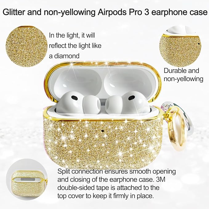 for Glitter AirPods Pro 3 Case 2025| Cute Bling Hard Air Pods Pro 3 Case (Model A2700/A2931) | with Keychain | Sparkly Rhinestone iPods Pro 3 Cases for Women Girl(Gold)