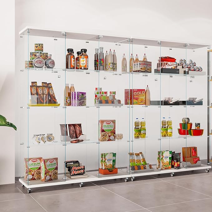 LFT HUIMEI2Y Glass Display Cabinet 12 Shelves with 3 Columns 2 Doors and Lock, Extra Large DIY Curio Cabinets Quick-Install Style Tempered Glass Floor Standing Bookshelf for Living Room, Kitchen White