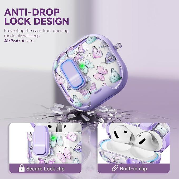 with Safety Lock for Apple AirPods 4 Case,Clear Floral Cute AirPod 4th Generation Case with Phone Stand & Cleaning Kit for Women Girly-Purple+Butterfly