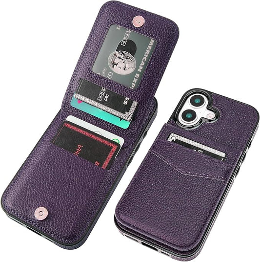 KIHUWEY Compatible with iPhone 17 Case Wallet with Credit Card Holder, Flip Premium Leather Magnetic Clasp Kickstand Heavy Duty Protective Cover for iPhone 17 6.3 Inch (Lichee Dark Purple)