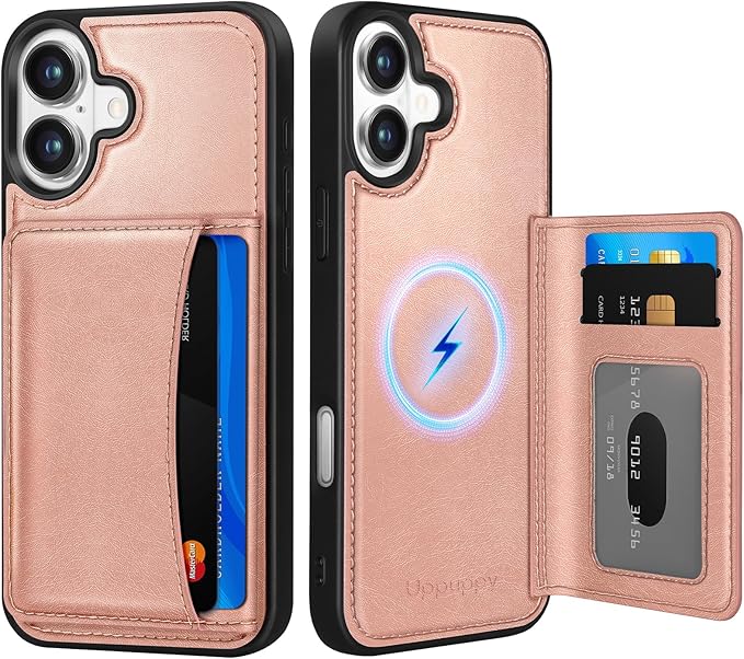 for iPhone 16 Plus Case with Wallet - Fits 4 Card Slots, Compatible with MagSafe for Women Aesthetic Durable PU Leather Credit Card Holder Kickstand Phone Cover for Apple 16 Plus, Rose Gold