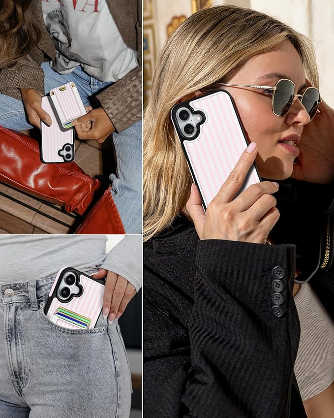 Shorogyt for iPhone 17 Wallet Case - Fits 5 Cards, Compatible with Magsafe Detachable Magnetic Credit Card Holder Leather Cardholder Cute Phone Cover Women Girls for Apple 17, Striped
