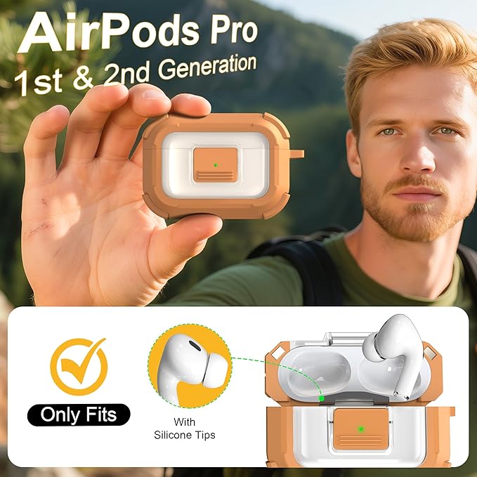 RFUNGUANGO for AirPods Pro 2 Case, Compatible with AirPods Pro 2nd/1st Generation Case, Compatible with MagSafe, Magnetic Automatic Lock with Cleaner Kit and Keychain, Front LED Visible, Brown