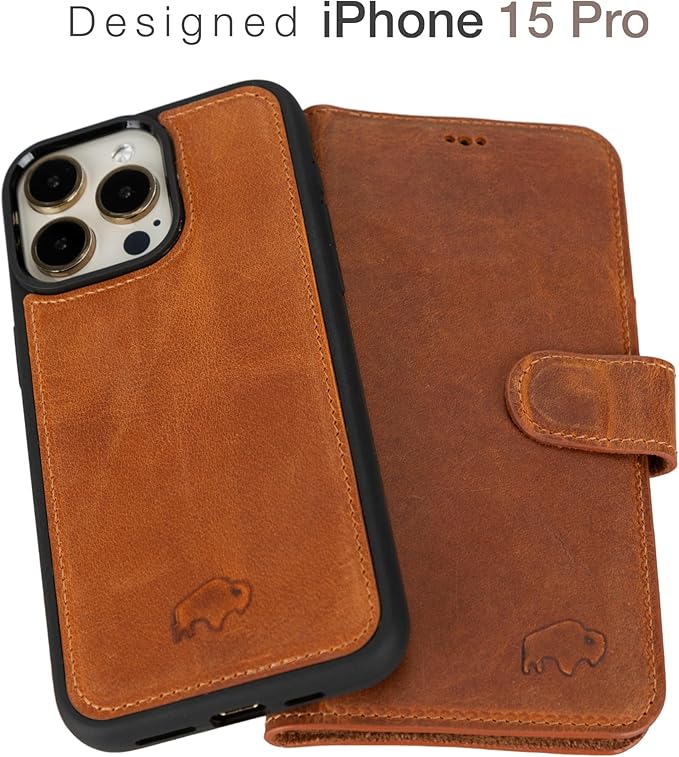 BLACKBROOK Leather Wallet Case for iPhone 15 Pro, Carter Premium Leather Magnetic 2-in-1 Wallet Set, Ready for MagSafe, RFID Protection, 4 Card Slots & ID Pocket, Compatible with iPhone 15 Pro