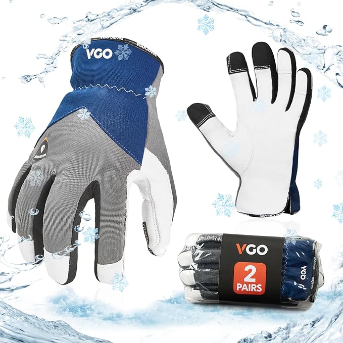 Vgo... 2Pairs 0℃/32°F Winter Leather Work Gloves, Cold Weather Waterproof Safety Work Gloves,Cold Storage or Freezer Use,w/3M Thinsulate Lining(Size L, Gray, GA7711FW)