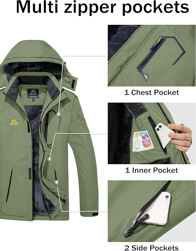 MAGCOMSEN Men's Winter Coats Water Resistant Ski Snow Jacket Warm Fleece Jacket Parka Raincoats With Hood Multi-Pockets