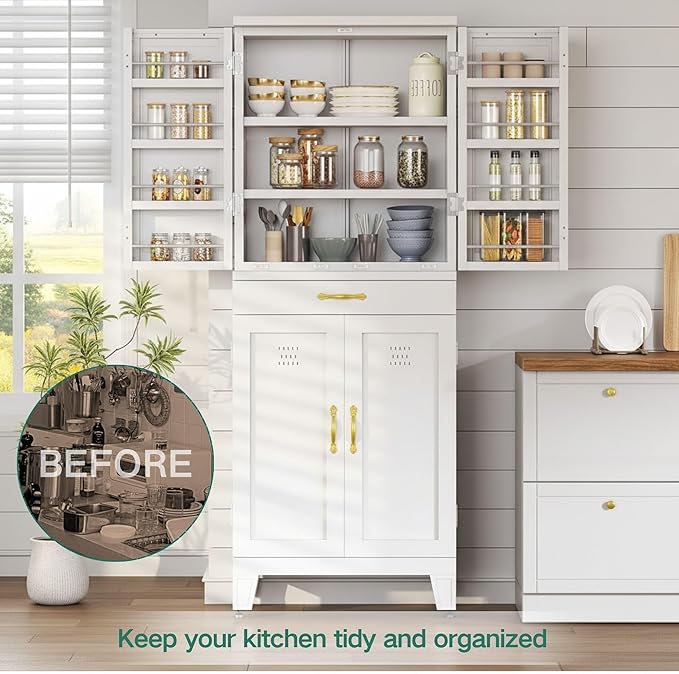YITAHOME 71" Metal Kitchen Pantry Storage Cabinet with 4 Doors, 4 Adjustable Shelves, 1 Drawer and 8 Door Racks, Tall Freestanding Steel Cupboard for Home Kitchen Living Dining Room, White