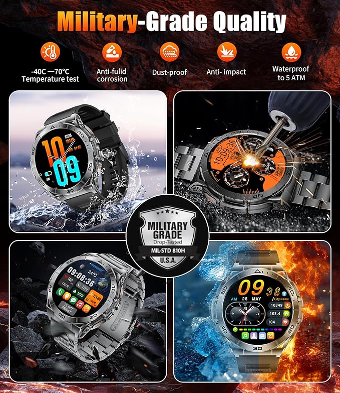 Military Smart Watch for Men,1.6" AMOLED Screen /600mAh Battery/5ATM Waterproof Smartwatches (Answer/Dial Calls) Fitness Tracker with Heart Rate/Sleep Tracking/Blood Oxygen for Android/iOS Black