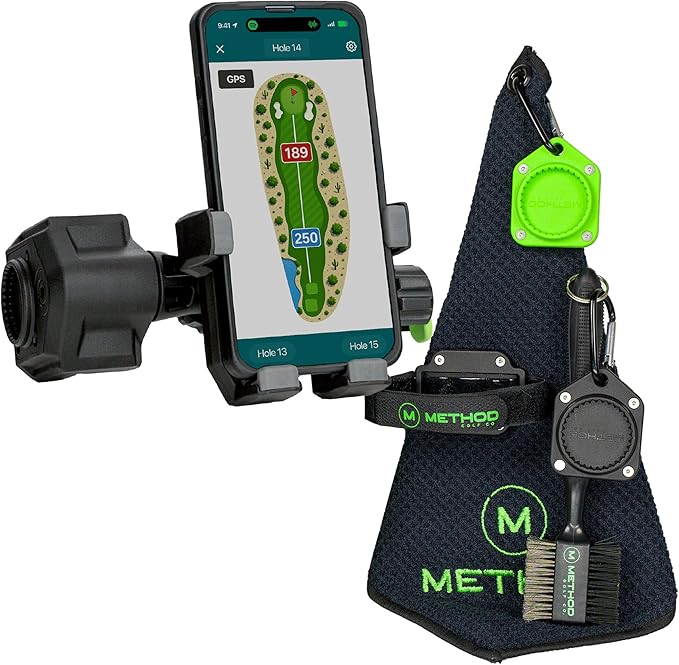 Method Golf RiderStack Pro Pack- Magnetic Golf Cart Phone Holder Plus Range Finder Magnetic, MagStack Microfiber Towel and Club Brush with MagStack Tile- Compatible with EZGO, Club Car and Yamaha
