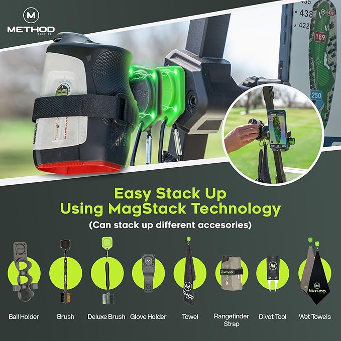 Method Golf RiderStack Pro Pack- Magnetic Golf Cart Phone Holder Plus Range Finder Magnetic, MagStack Microfiber Towel and Club Brush with MagStack Tile- Compatible with EZGO, Club Car and Yamaha