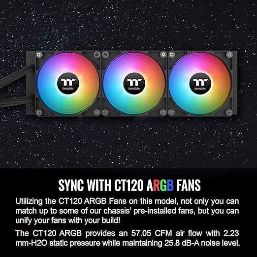 Thermaltake TH360 ARGB Sync V2 CPU Liquid Cooler/AlO Liquid Cooling/Fan 120mm*3/PWM 500~2000 RPM/Mirror Waterblock/MB ARGB Sync Control, CL-W362-PL12SW-A,Black