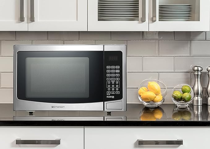 Emerson 1.2 Cu. Ft. Microwave Oven with Inverter, Timer & LED Display, 1000W, 10 Power Levels, 8 Pre-Programmed Settings, Removable Glass Turntable with Child Safe Lock, MWI1212SS, Stainless Steel