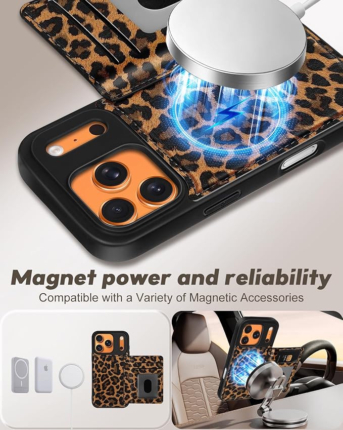 for iPhone 17 Pro Max Case with Wallet - Fits 4 Card Slots, Compatible with MagSafe for Women Aesthetic PU Leather Credit Card Holder Kickstand Phone Cover for Apple 17 Promax, Leopard Print