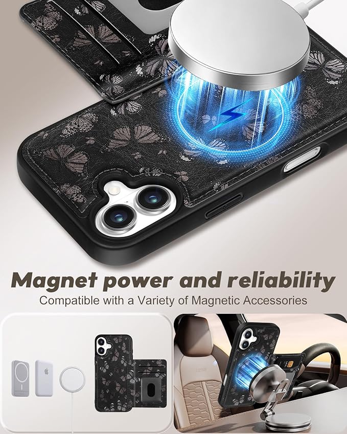 for iPhone 16 Wallet Case - Fits 4 Card Slots, Compatible with MagSafe for Women Aesthetic Durable PU Leather Credit Card Holder Kickstand Phone Cover for Apple 16, Black Butterfly