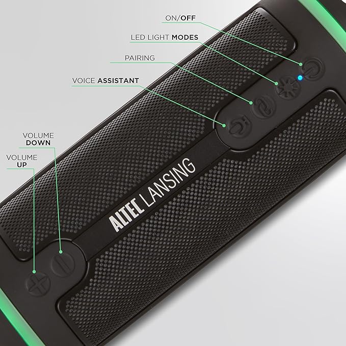 Altec Lansing HydraMOTION 2.0 Wireless Bluetooth Speaker, 16H Battery, RGB Lights, USB-C Quick Charge, IP67 Rated Waterproof Bluetooth, Mountable Speaker, Voice Assistant