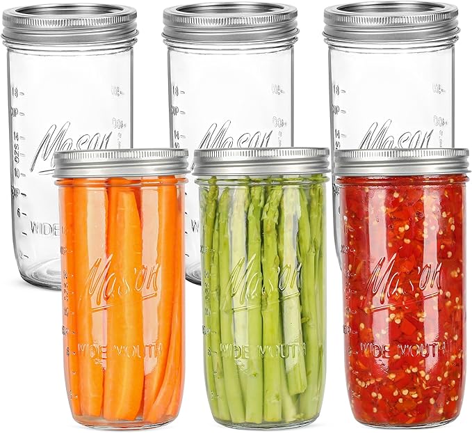 24 oz Wide Mouth Mason Jars - Canning Jars with Metal Airtight Lids and Bands, 24 ounce Mason Glass Jars for Fermenting, Pickling, Meal Prep, Overnight Oats, Jam, Jelly, DIY Projects (6 pack)