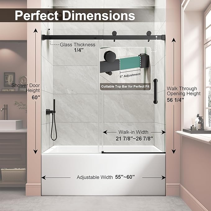 Frameless Bathtub Shower Door, Tub Sliding Door with Nano Coating & Safety Film, 1/4" (6mm) SGCC Tempered Glass，Adjustable 55"-60" W x 60" H, Matte Black