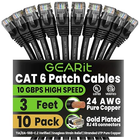GEARit Cat6 Patch Cables Cat 6 Ethernet Cable 3 ft 10-Pack Black