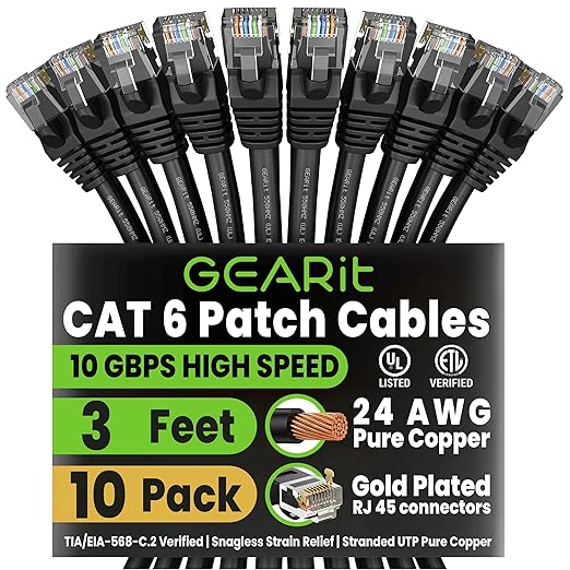 GEARit Cat6 Patch Cables Cat 6 Ethernet Cable 3 ft 10-Pack Black