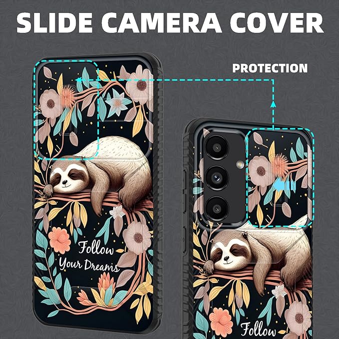 for Galaxy S25 Case Built in Slide Camera Lens Cover,Heavy Duty Shockproof Protection Dual Layer Case for Samsung Galaxy S25 6.2" 2025,Cute Baby Sloth On The Tree