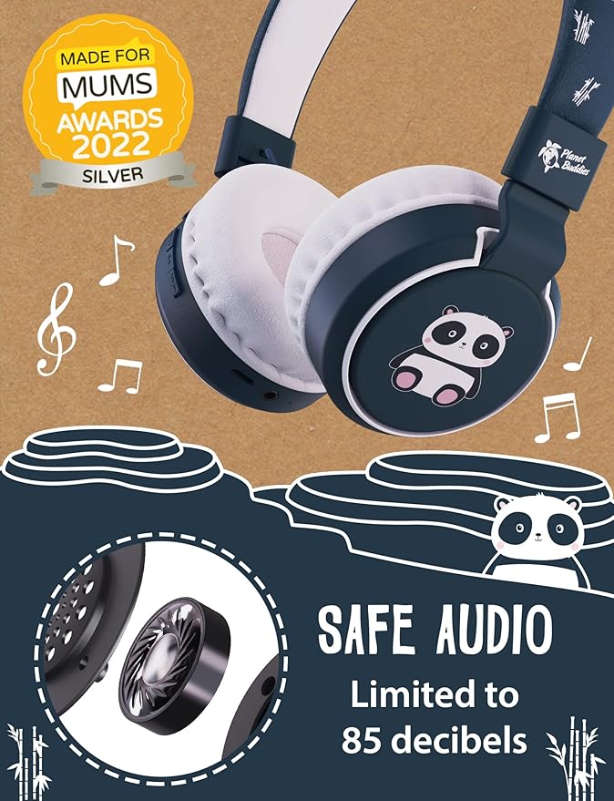 Planet Buddies Panda Kids Headphones Wireless, On Ear Bluetooth Headphones for Kids with Microphone, 85dB Volume Limiter, Cute Foldable Earphones for Tablets and Phones, Travel, School & Music