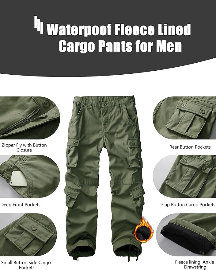 KOCTHOMY Men’s Fleece Lined Hiking Pants,Winter Outdoor Thermal Casual Work Cargo Pants with Multi Pockets, No Belt.