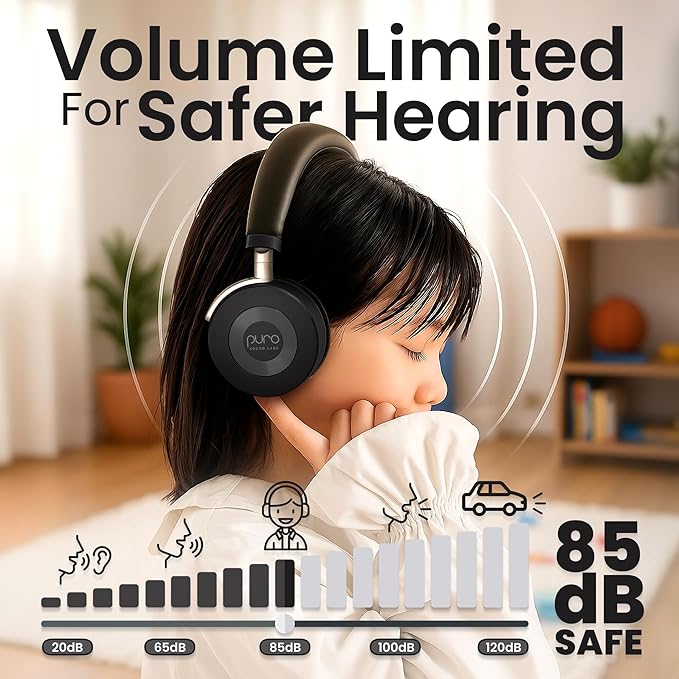 Puro Sound Labs JuniorJam Plus Volume-Limiting Wireless Bluetooth Headphones for Kids, Secure Audio with Adjustable On-Ear Design, 22-Hour Battery Life, Ideal for Tablets, Smartphones & PCs - Black
