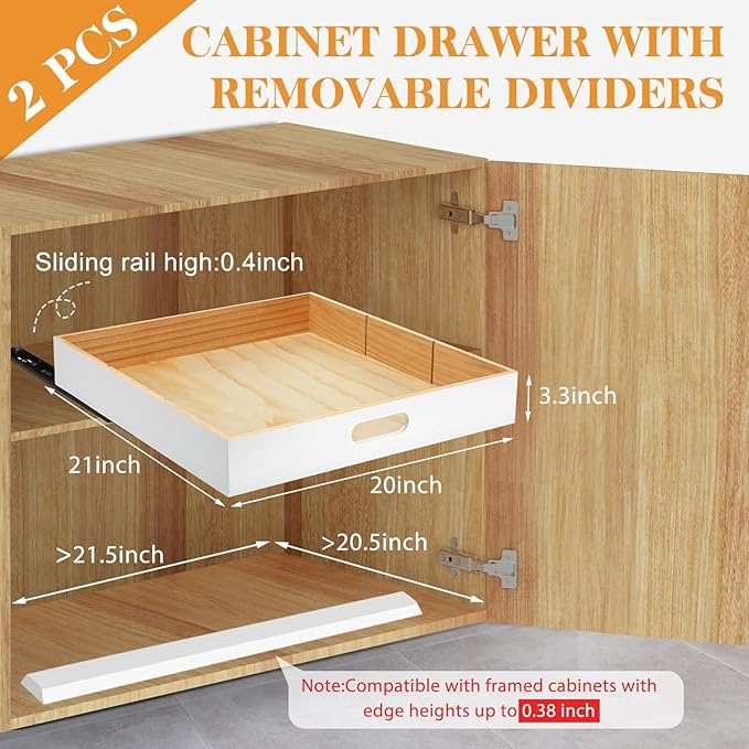 2 PCS Wood Pull Out Cabinet Organizers with Removable Dividers, 20''W x 21''D Nail-free Wood Sliding Drawers with Adhesive Tape, Roll Out Shelves for Kitchen, Pantry, Office (White)