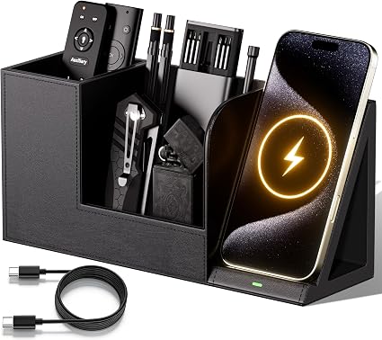 GORESE Desk Organizer with Charging Station, PU Leather Desktop Pen Holder Remote Organizers with Phone Charging Stand for Office Home Nightstand, Practical Gifts for Men Who Want Nothing, Black