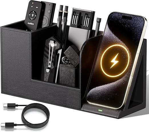 GORESE Desk Organizer with Charging Station, PU Leather Desktop Pen Holder Remote Organizers with Phone Charging Stand for Office Home Nightstand, Practical Gifts for Men Who Want Nothing, Black