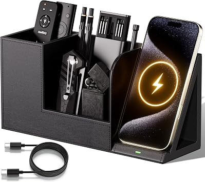 GORESE Desk Organizer with Charging Station, PU Leather Desktop Pen Holder Remote Organizers with Phone Charging Stand for Office Home Nightstand, Practical Gifts for Men Who Want Nothing, Black