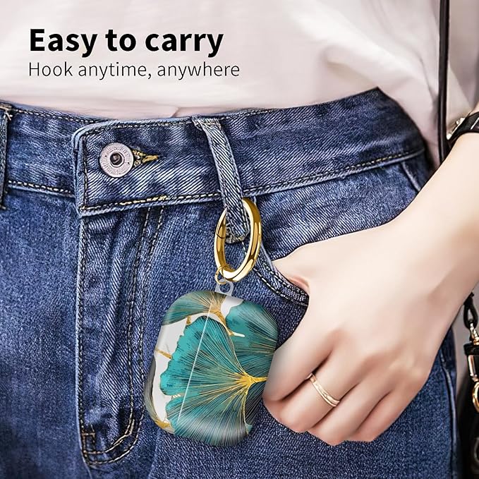 Compatible with Airpod pro 2nd/1st Generation Case Cover with Gold Round Keychain Cute Pattern Hard & Anti Slip Cover for Men Women & Girls（Green Lotus Leaf）