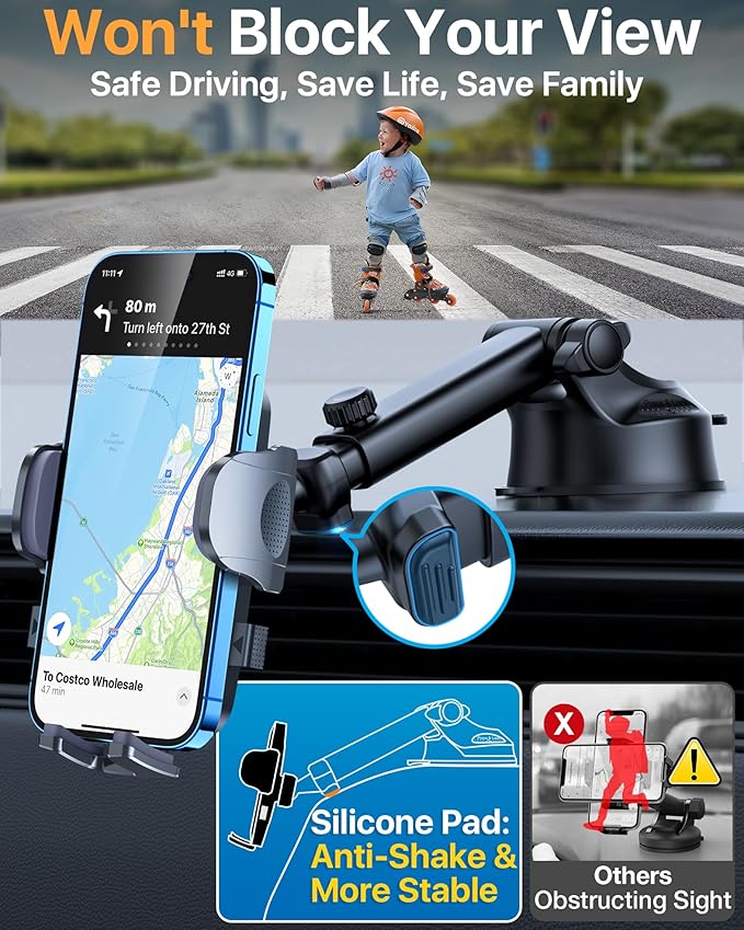 HTU 【98+LBS Strongest Suction & Military-Grade】 2025 Ultimate Car Phone Mount【Patent & Safety Certs】 Cell Phone Holder Truck Stand for Dashboard Windshield Vent for iPhone 17 Pro Max Samsung (Black)