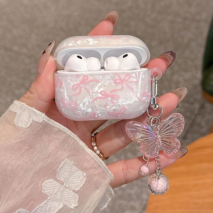 for AirPod Pro 3 Case 2025 Cute Bow Shell Pearl TPU Protective Cover with Butterfly Keychain Compatible with AirPods Pro 3rd Generation Case for Women Girls (Pink Bow)