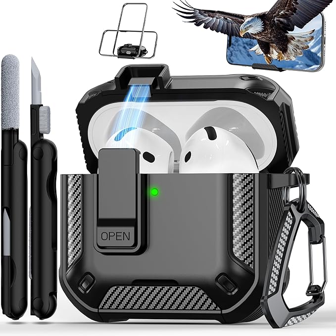 RFUNGUANGO for AirPods 4th Generation Case, Compatible with AirPods 4th Generation Case (2024), Military-Grade Drop Protection, Comes with Cleaning Kit, Comes with Phone Holder Function -Black