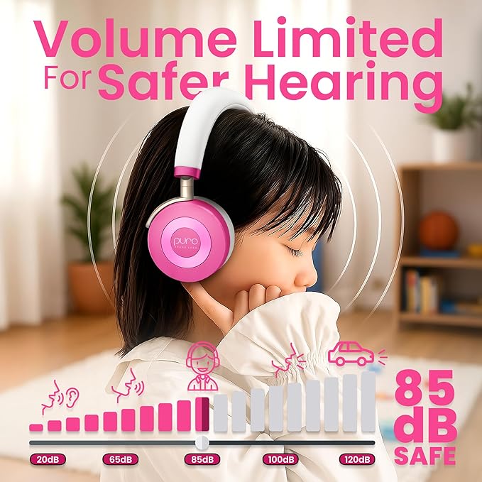 Puro Sound Labs JuniorJam Plus Volume-Limiting Wireless Bluetooth Headphones for Kids, Secure Audio with Adjustable On-Ear Design, 22-Hour Battery Life, Ideal for Tablets, Smartphones & PCs - Pink