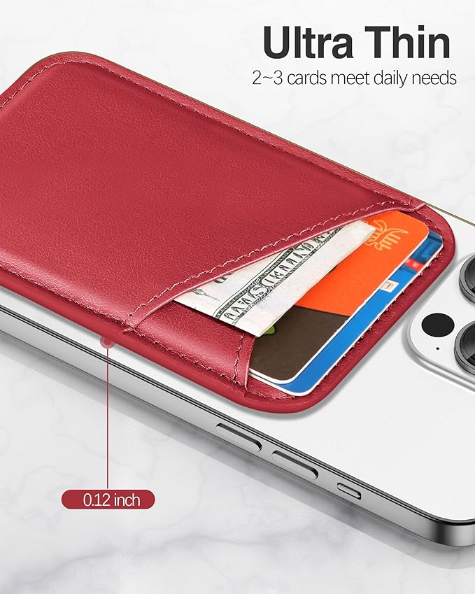 Miroddi Magnetic Card Wallet Holder, with MagSafe for iPhone 15/14/13/12 Series, Magsafe, Vegan Leather, Independent Slot, Invisible Ultra-Thin, True red, MCB070TR-US