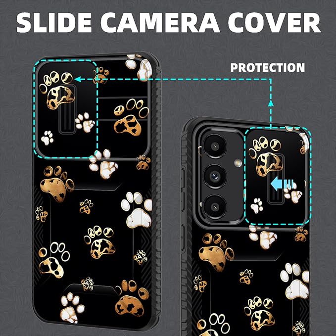 for Galaxy S24 FE Case Built in Slide Camera Lens Cover,Heavy Duty Shockproof Protection Dual Layer Case for Samsung Galaxy S24 FE 5G 6.7" 2024,Cute Dog Paw Prints