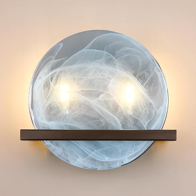 2 Light 10" Round Bllue Glass Bathroom Wall Sconce Modern Concise Style Wall Light Fixture,Oil Rubbed Bronze Finish for Bedroom Hallway Bedside
