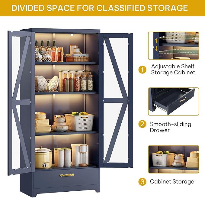 DWVO Display Cabinet with LED Lights, 61" Metal Display Case with Glass Barn Doors for Collectibles, Organizer Cabinet with 3 Adjustable Shelves and Drawer for Living Bedroom, Office, Navy Blue